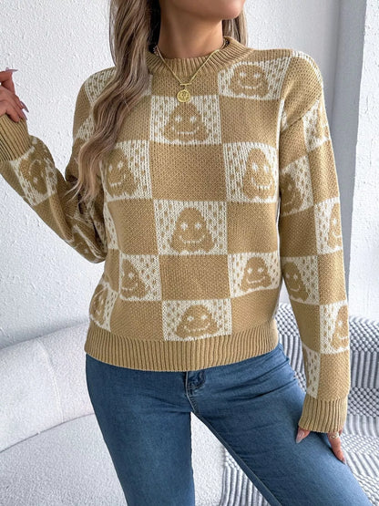 Halloween Ghost Pattern Checkered Round Neck Sweater - Tigbul's Variety Fashion Shop