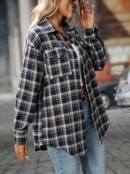 Plaid Button-Down Oversized Shirt - Tigbul's Variety Fashion Shop