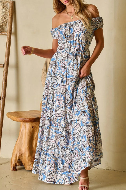 Boho Paisley Print Off Shoulder Maxi Dress - Tigbul's Variety Fashion Shop