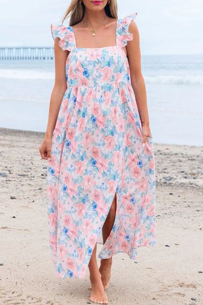 Pink Floral Colorblock Flutter Straps Flowy Dress - Tigbul's Variety Fashion Shop