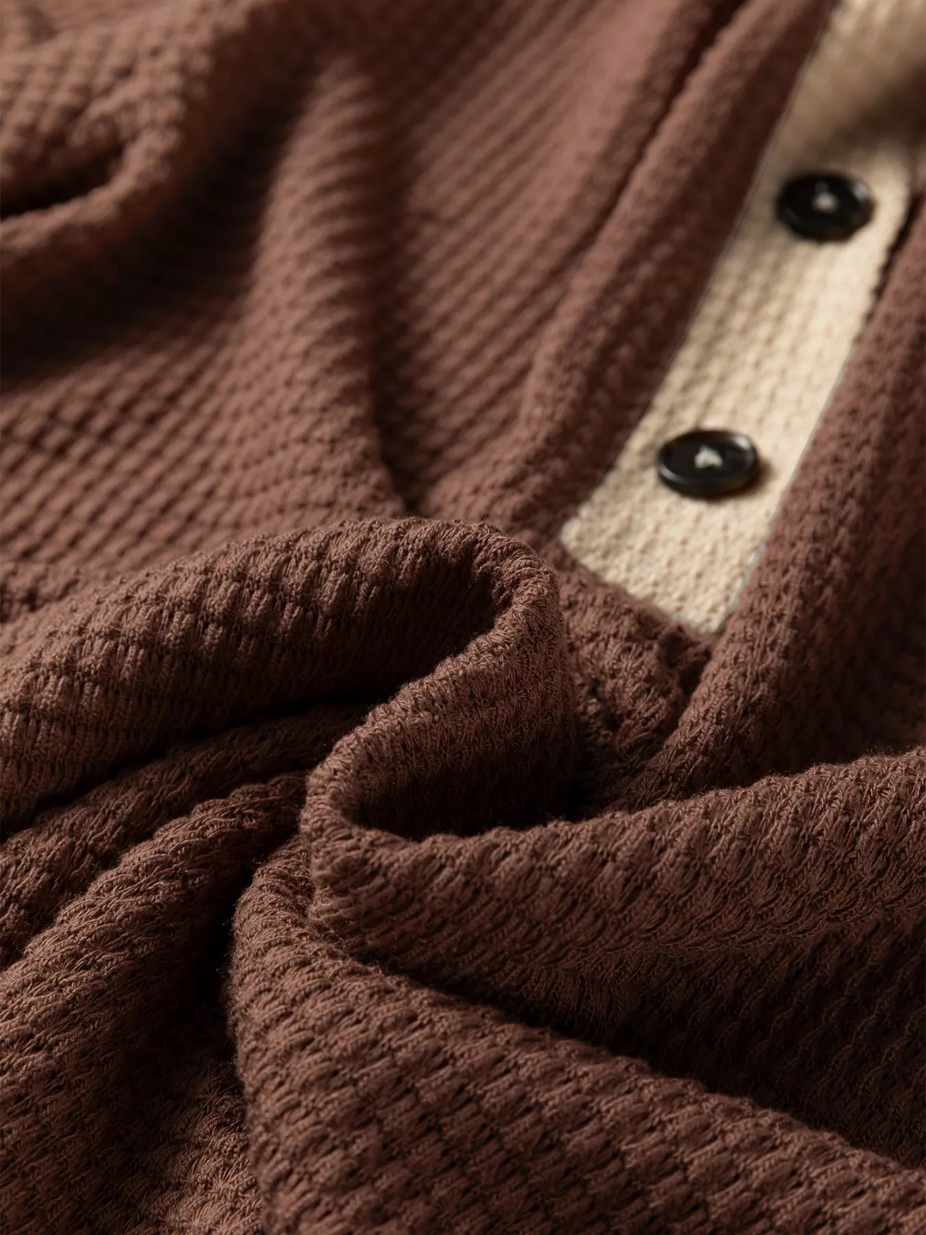 Waffle Contrast Half Buttoned Hooded Pullover Top - Tigbul's Variety Fashion Shop