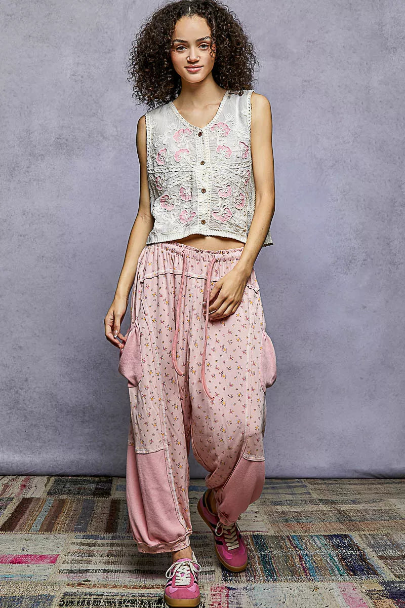 Natural V-neck floral embroidered sleeveless vest with pink flower appliqués
