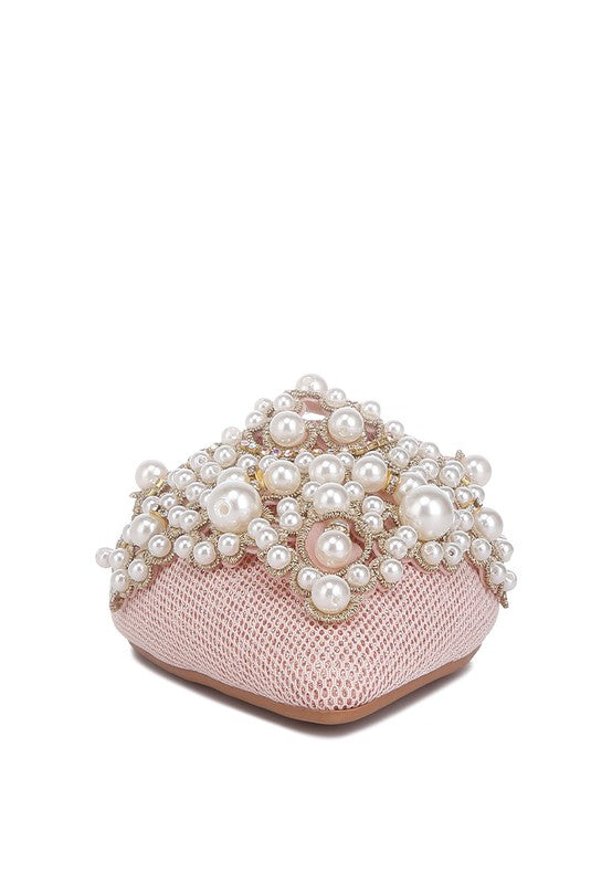 Blush pointed mules with pearl-covered top and textured woven upper