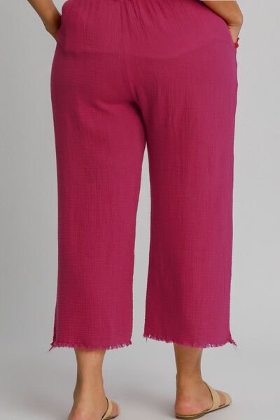 Deep Rose Raw Hem Elastic Waist Wide Leg Pants - Tigbul's Variety Fashion Shop