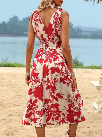 Red Smocked Printed Surplice Midi Dress - Tigbul's Variety Fashion Shop