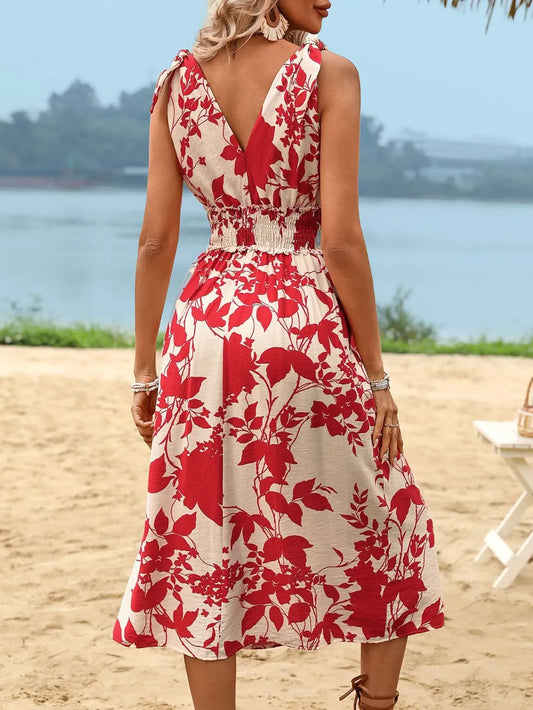 Red Smocked Printed Surplice Midi Dress - Tigbul's Variety Fashion Shop