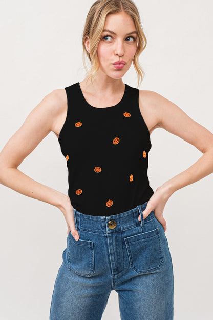 And The Why Jack O' Lantern Embroidered Ribbed Tank - Tigbul's Variety Fashion Shop