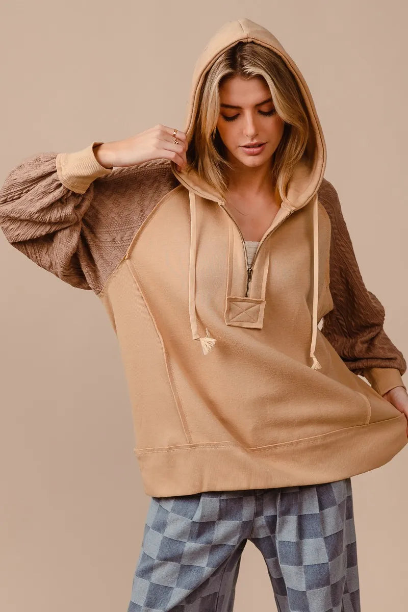 BiBi Half Zip French Terry Hoodie with Kint Sleeves - Tigbul's Variety Fashion Shop