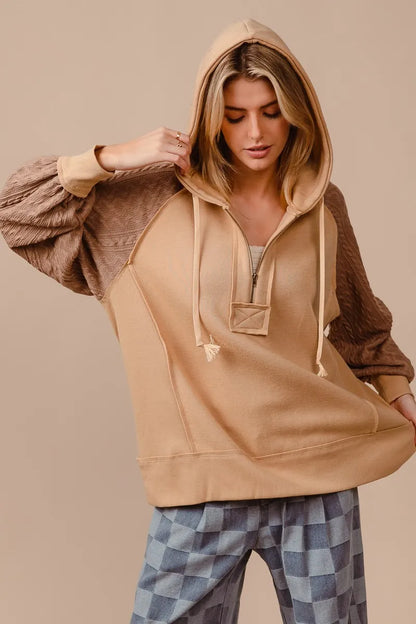 BiBi Half Zip French Terry Hoodie with Kint Sleeves - Tigbul's Variety Fashion Shop