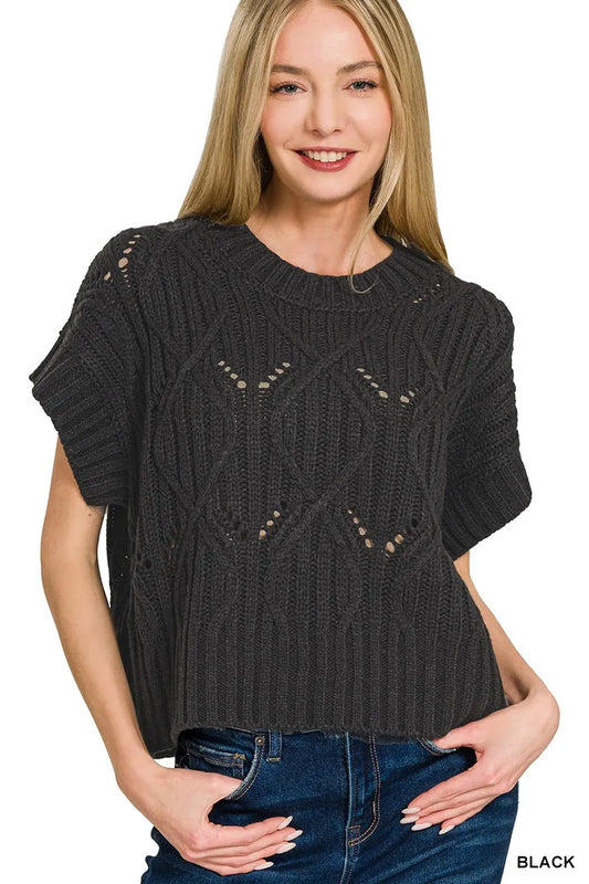 Zenana Cable Knit Short Sleeve Sweater - Tigbul's Variety Fashion Shop