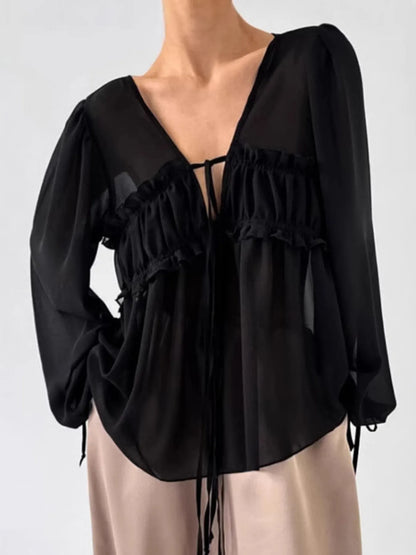 Ruffled Tie Front Long Sleeve Blouse - Tigbul's Variety Fashion Shop