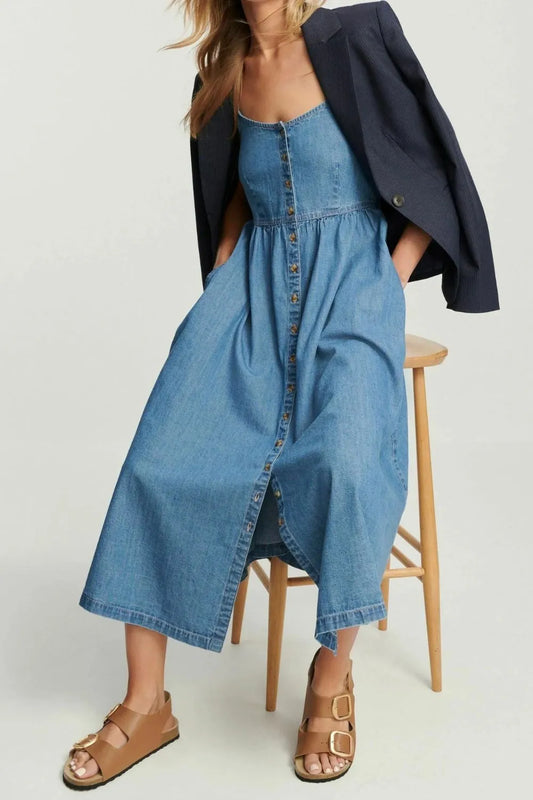 Button Front Blue Denim Cami Dress - Tigbul's Variety Fashion Shop