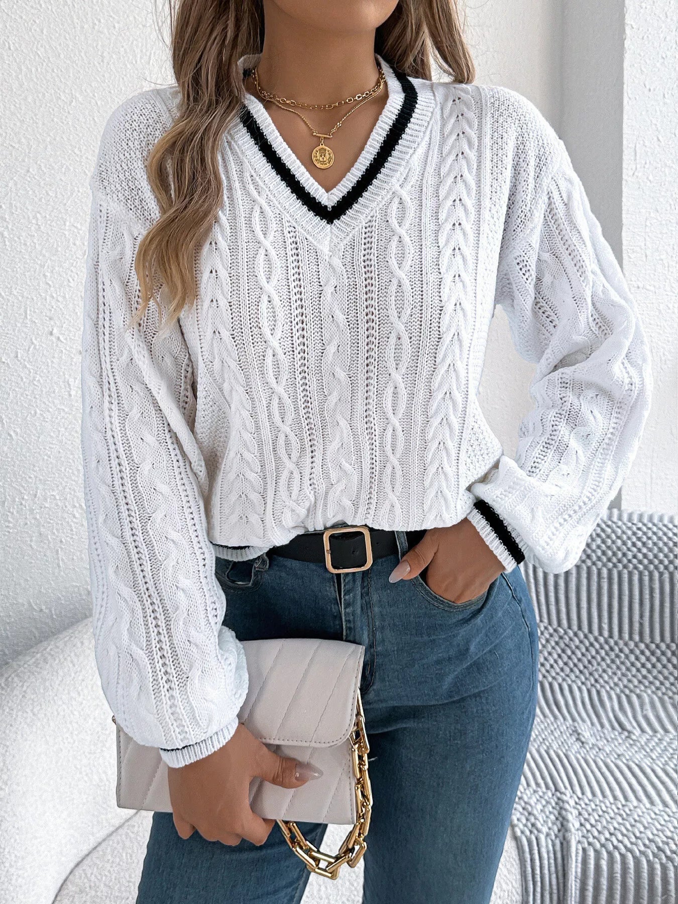 Cable Knit V-Neck Long Sleeve Sweater - Tigbul's Variety Fashion Shop