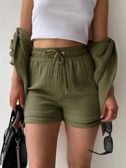 Textured Button Up Shirt and Shorts Set - Tigbul's Variety Fashion Shop