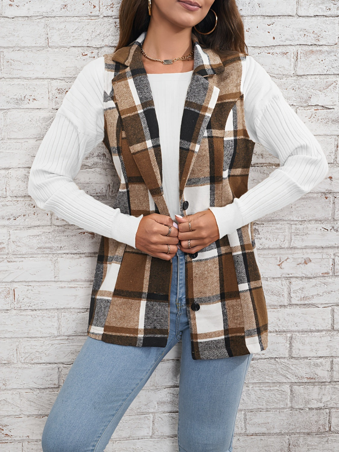 Plaid Button Down Vest Coat - Tigbul's Variety Fashion Shop