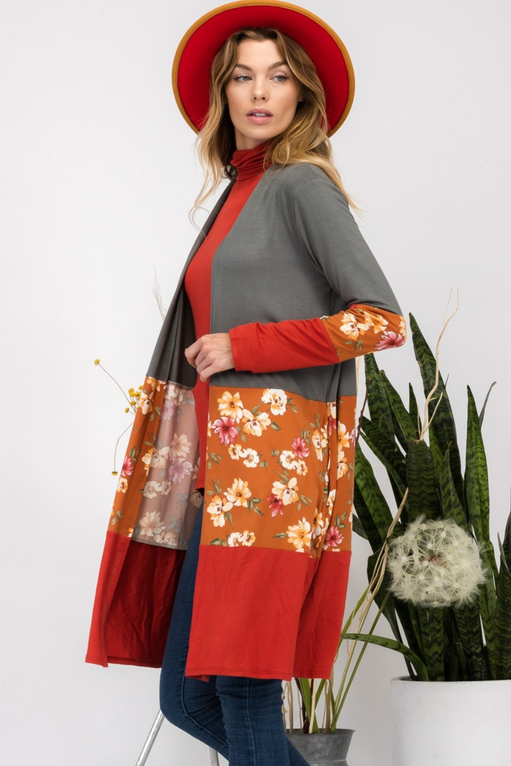 Celeste Full Size Floral Color Block Open Front Cardigan - Tigbul's Variety Fashion Shop