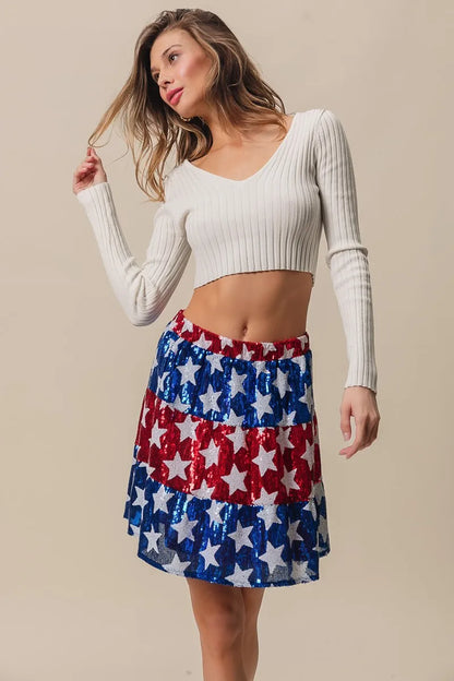 American Flag Theme Star Sequin Tiered Skirt - Tigbul's Variety Fashion Shop