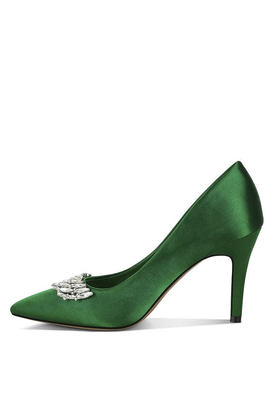 Rhodolia Diamante Brooch Detail Satin Pumps - Tigbul's Variety Fashion Shop