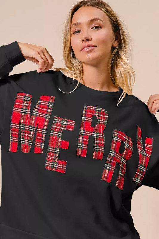 BiBi Plaid Merry Lettering Christmas Fleece Sweatshirt - Tigbul's Variety Fashion Shop