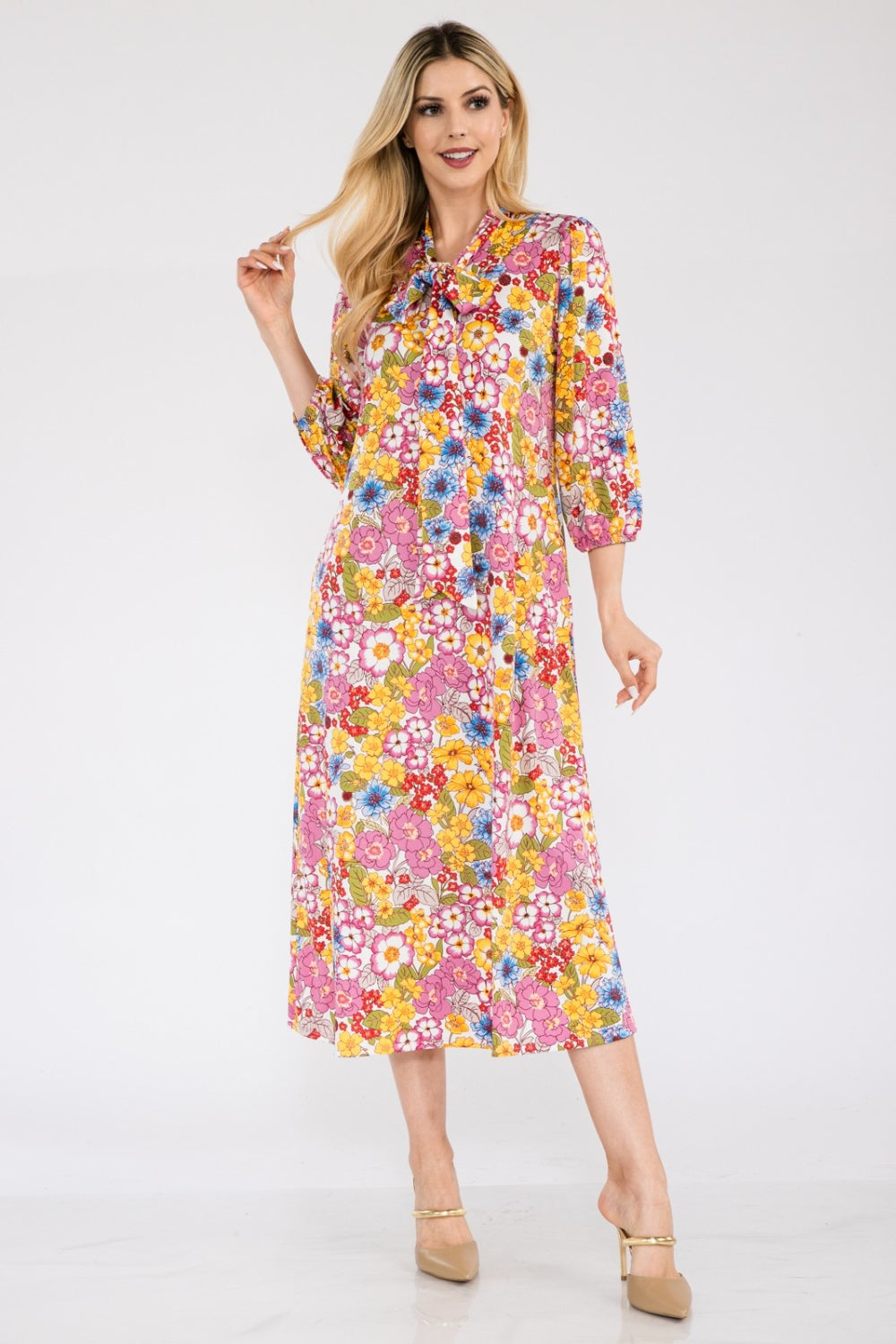 Size Small to 3XL Floral Midi Dress with Bow Tie - Tigbul's Variety Fashion Shop