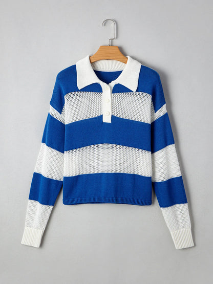 Stripe Colorblock Polo Collar Crochet Knitted Cover Up - Tigbul's Variety Fashion Shop
