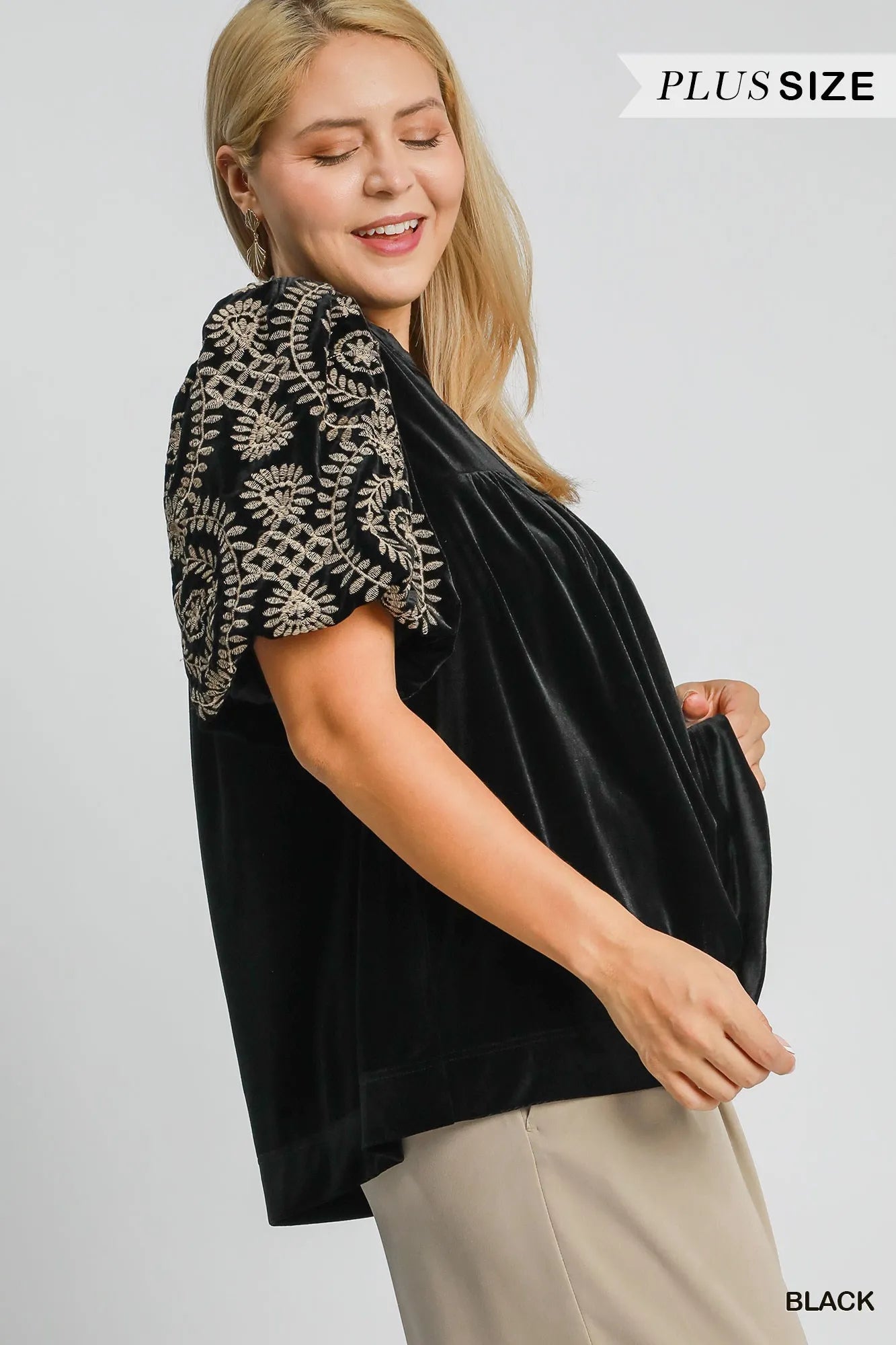 Umgee Full Size Velvet Embroidered Sleeve Blouse Plus Size - Tigbul's Variety Fashion Shop