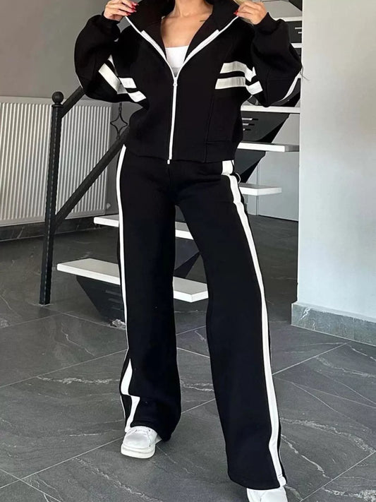 Full Size Contrast Stripe Zip Up Jacket and Pants Set Plus Size - Tigbul's Variety Fashion Shop