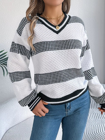 Contrast Striped V-Neck Sweater - Tigbul's Variety Fashion Shop