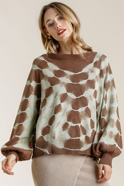 Brown Ribbed Hem Tie Dye Round Neck Sweater - Tigbul's Variety Fashion Shop