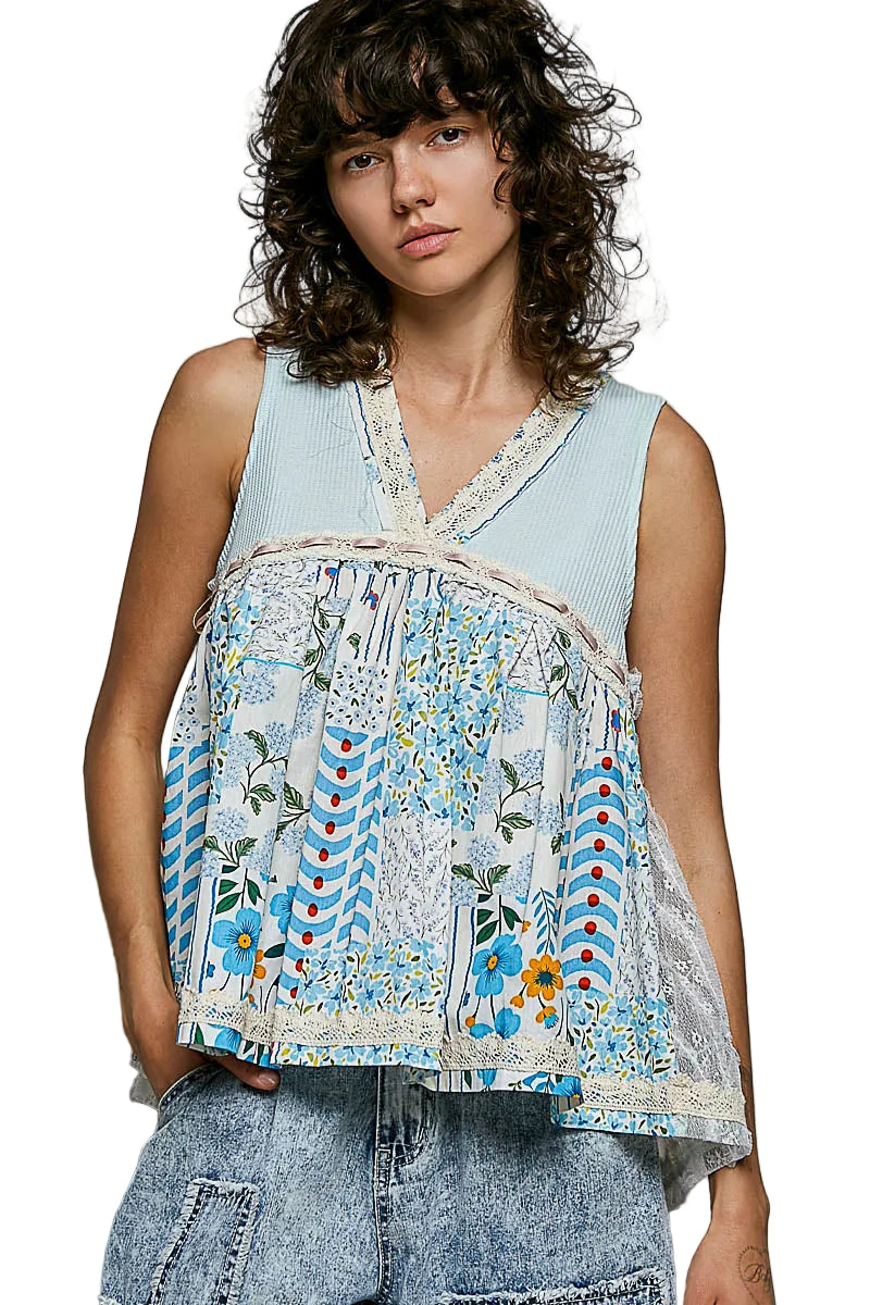 POL Light Blue Floral V-Neck Sheer Tank with Lace Trim | Tigbuls