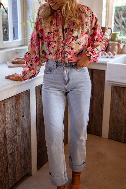 Frill Floral Button Down Long Sleeve Shirt - Tigbul's Variety Fashion Shop