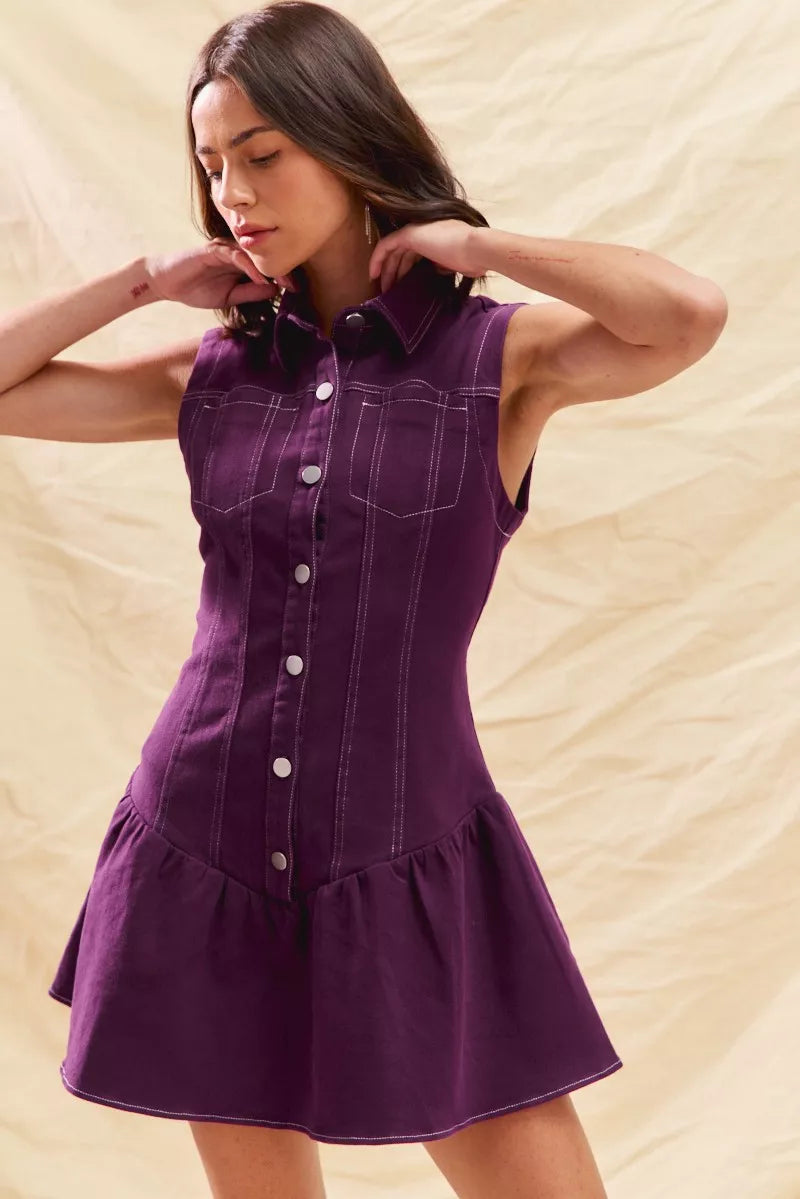 SO ME Button Down Sleeveless Collared Game Day Mini Dress - Tigbul's Variety Fashion Shop