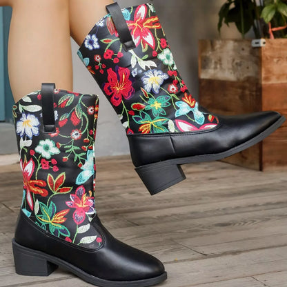 Floral Block Heel Boots - Tigbul's Variety Fashion Shop