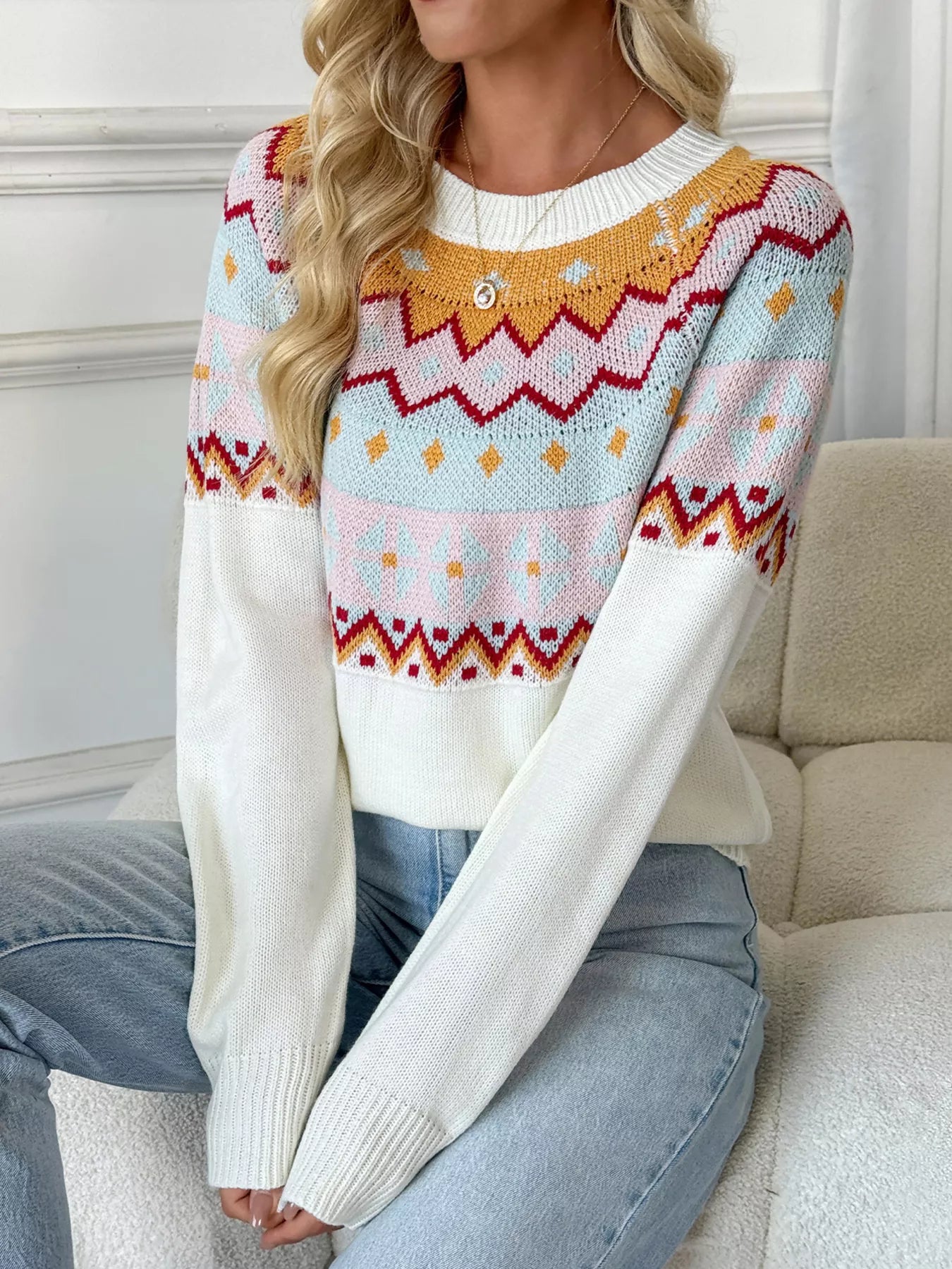 Contrast Round Neck Long Sleeve Sweater - Tigbul's Variety Fashion Shop