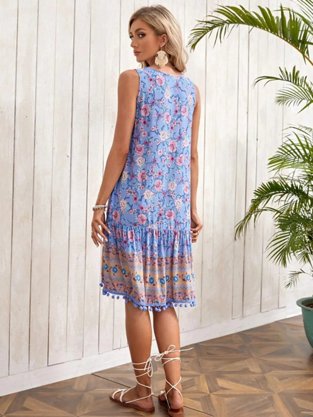 Tie Neck Sleeveless Floral Dress - Tigbul's Variety Fashion Shop