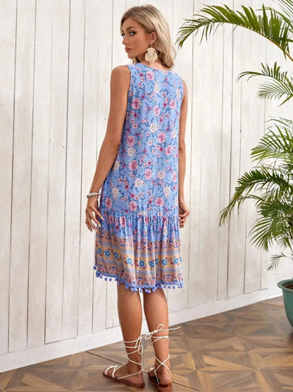 Tie Neck Sleeveless Floral Dress - Tigbul's Variety Fashion Shop