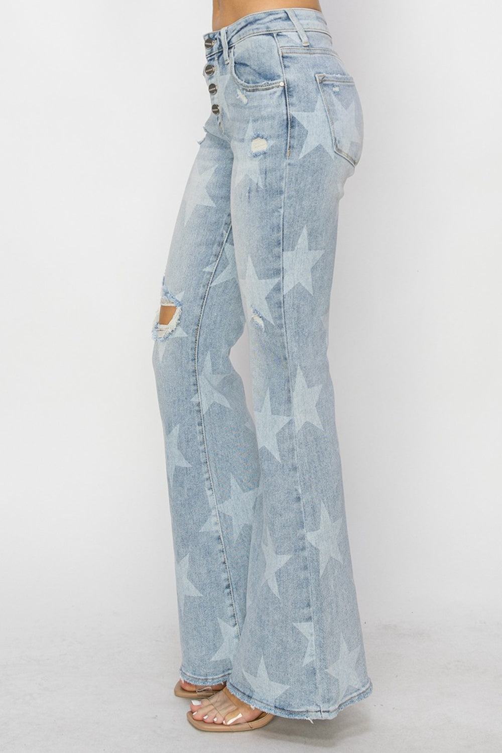 RISEN Mid Rise Button Fly Start Print Flare Jeans - Tigbuls Variety Fashion