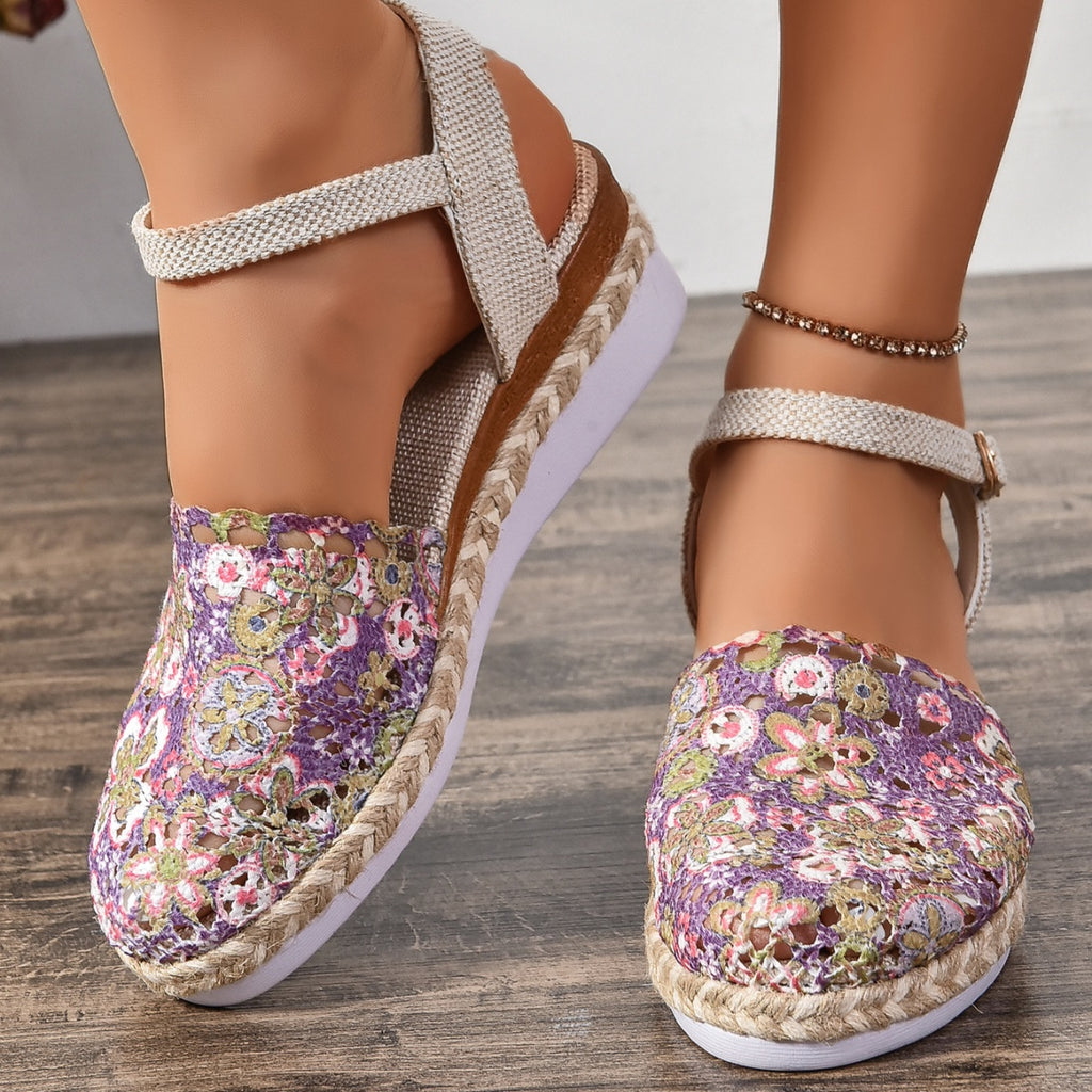 Floral espadrille sandals with ankle strap, purple print and woven rope sole