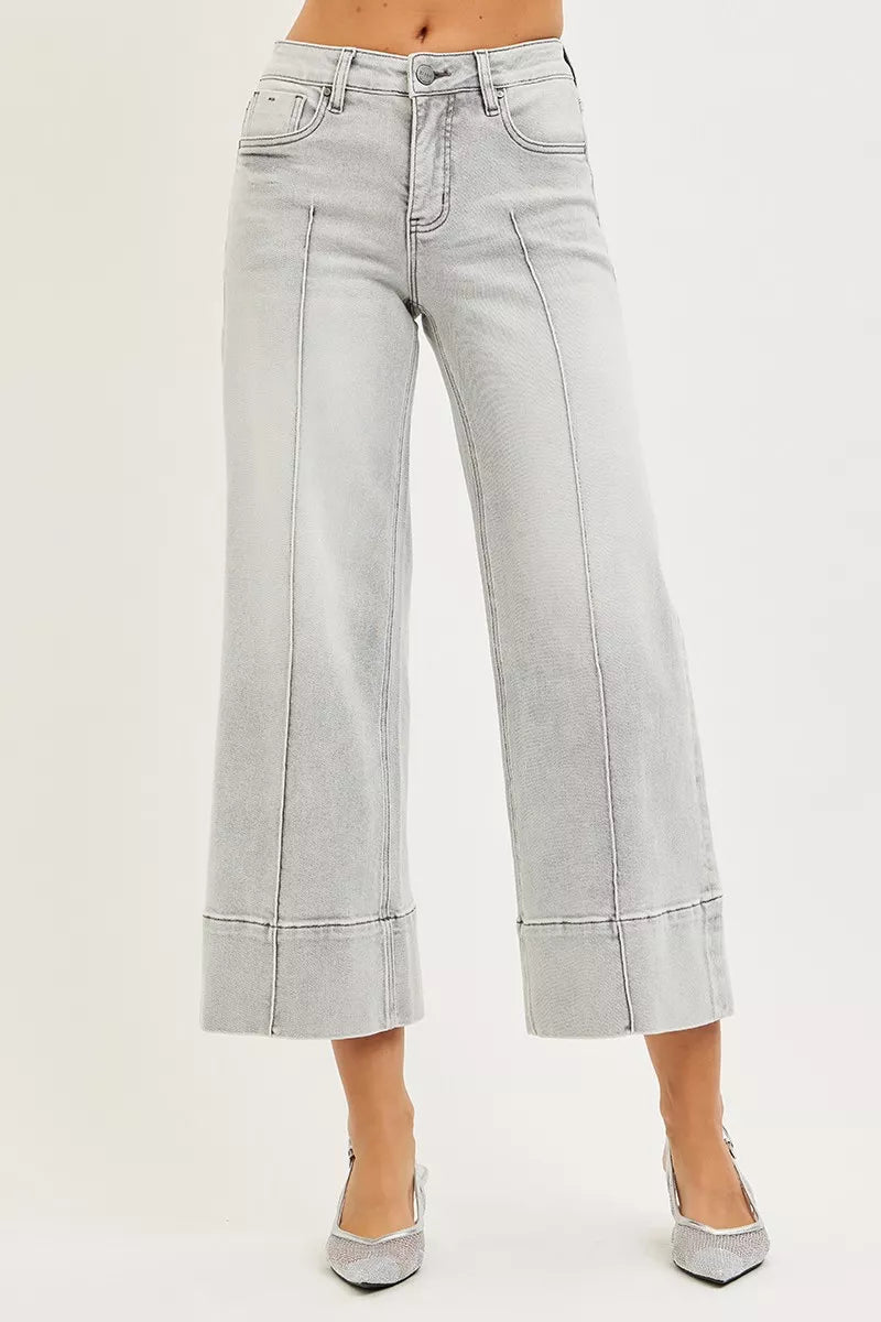 Tummy Control Mid Rise Crop Wide Leg Light Gray Jeans - Tigbul's Variety Fashion Shop