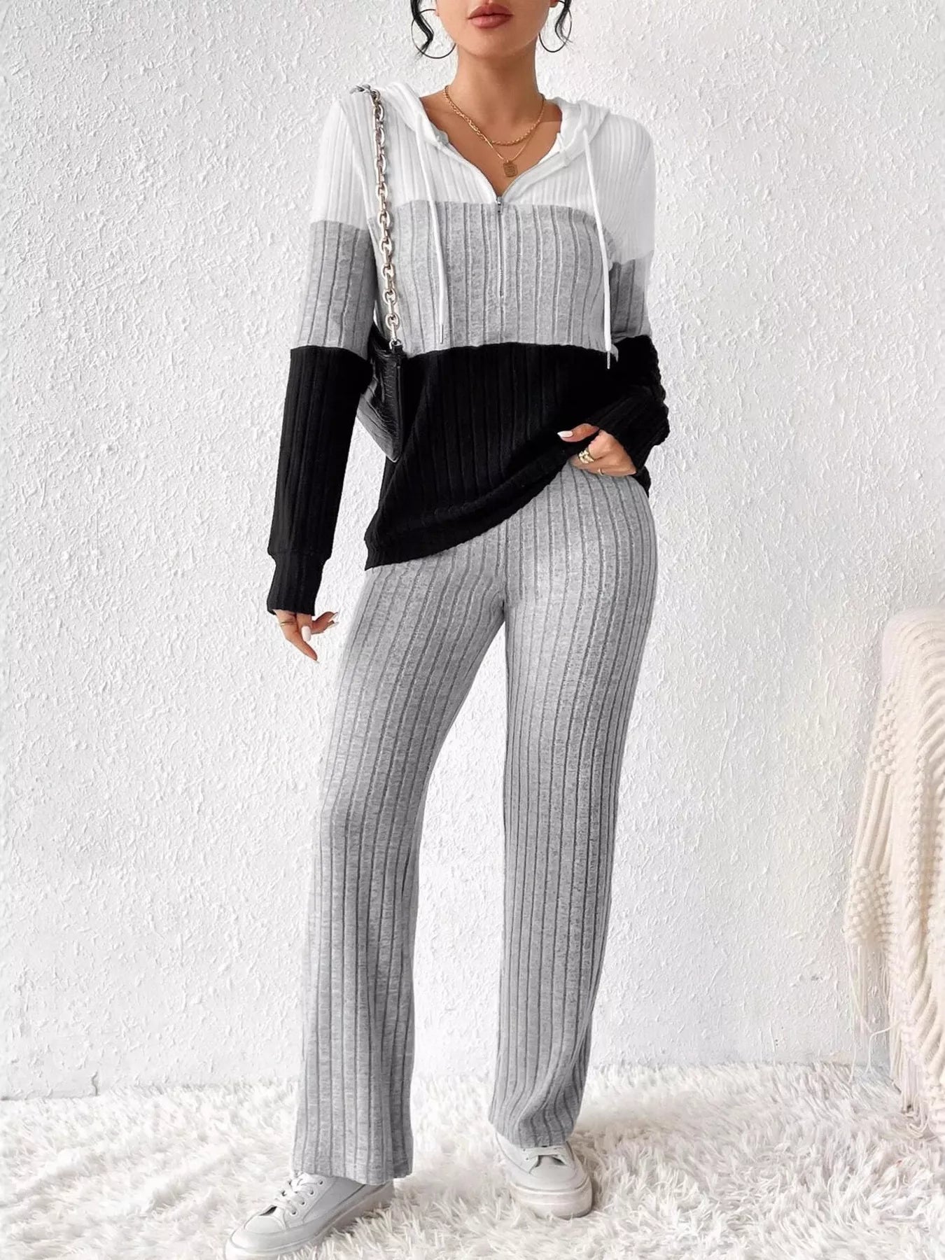 Color Block Half Zip Hooded Top and Pants Set - Tigbul's Variety Fashion Shop