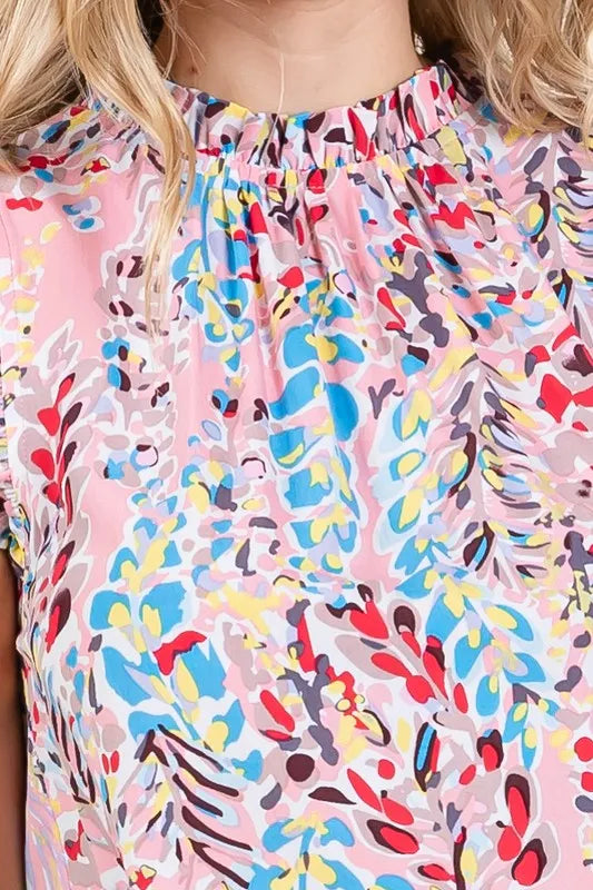 Graphic Print Ruffle Trim Mock Neck Sleeveless Top Plus Size - Tigbul's Variety Fashion Shop