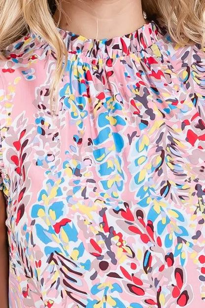 Graphic Print Ruffle Trim Mock Neck Sleeveless Top Plus Size - Tigbul's Variety Fashion Shop