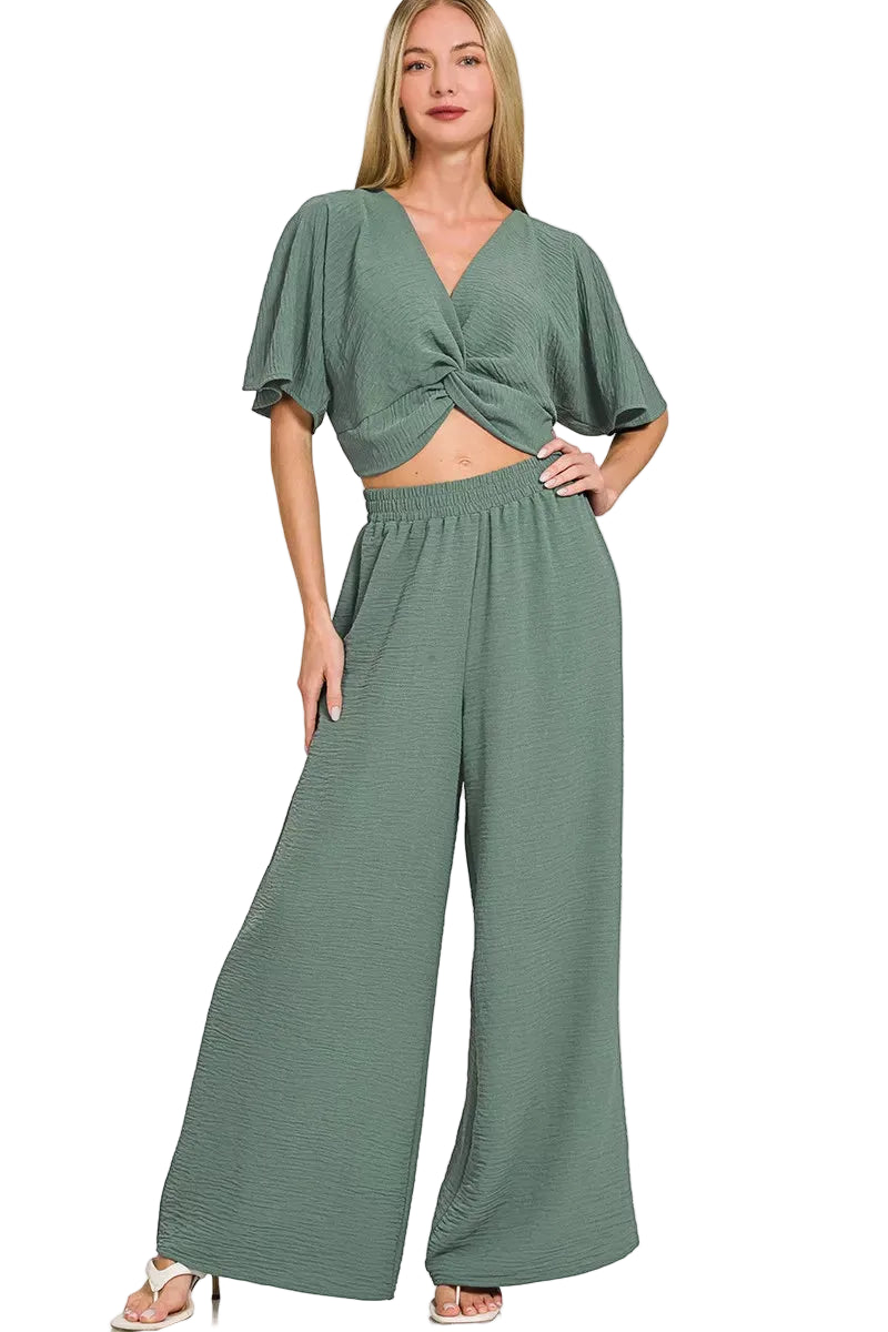 Woven Airflow Green Twisted Top & Wide Leg Pants Set - Tigbul's Variety Fashion Shop