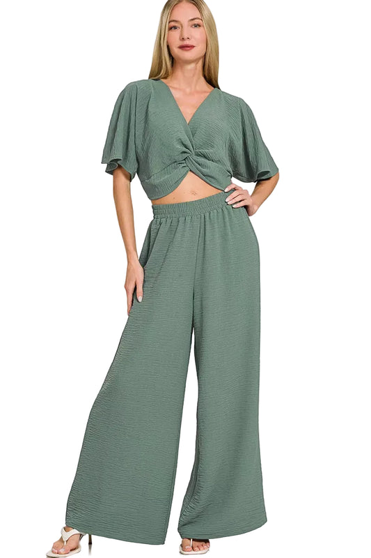 Woven Airflow Green Twisted Top & Wide Leg Pants Set - Tigbul's Variety Fashion Shop