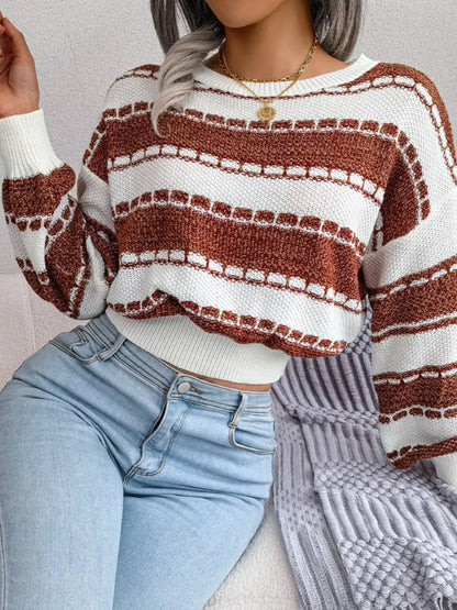 Color Block Round Neck Cropped Sweater - Tigbul's Variety Fashion Shop