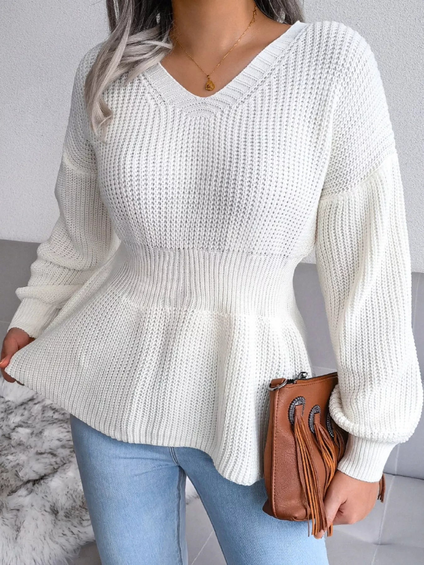 V-Neck Dropped Shoulder Sweater - Tigbul's Variety Fashion Shop