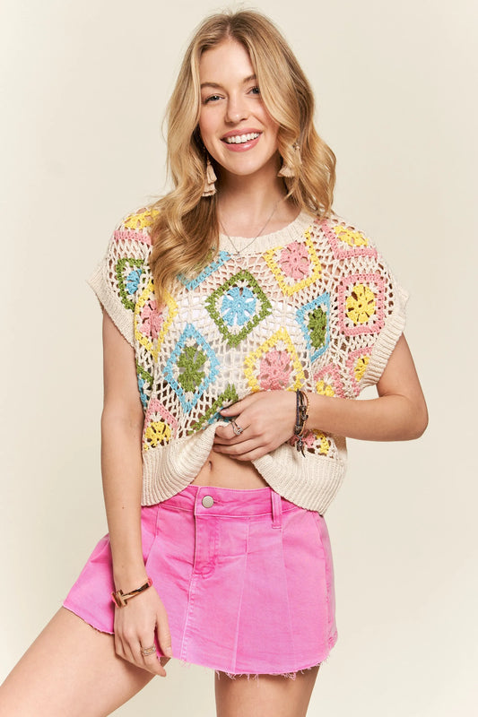 Tan Multicolor Crochet Top - Tigbul's Variety Fashion Shop