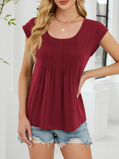 Pleated Front Scoop Neck T-Shirt - Tigbul's Variety Fashion Shop