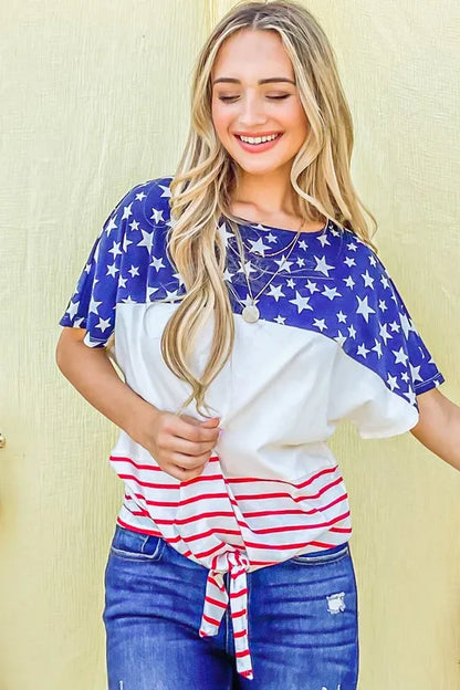 American Flag Print Tie Knot Front Casual Top - Tigbul's Variety Fashion Shop