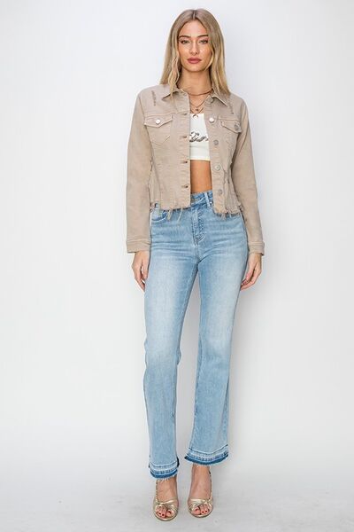 Khaki Raw Hem Button Up Cropped Denim Jacket | Tigbuls